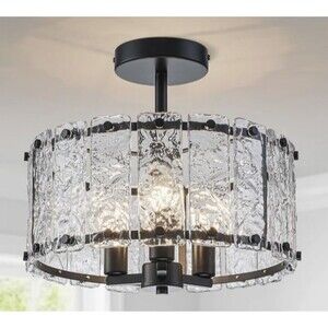 3 - Light 13.39'' Modern Drum Hammered Glass Semi Flush Mount Light